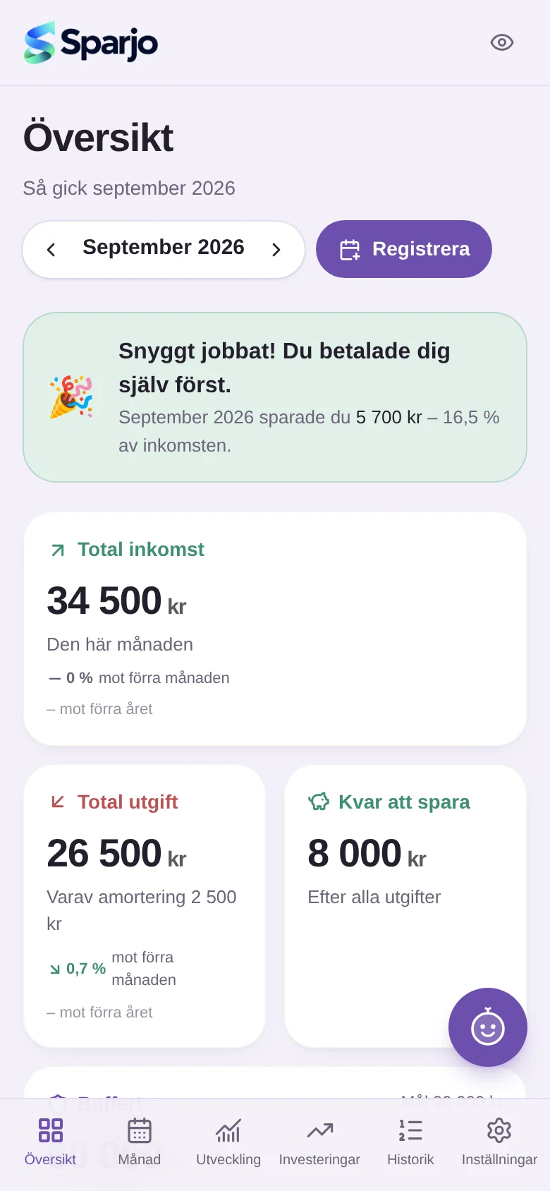 Sparjos översikt i mobilen med inkomst, utgift och buffert