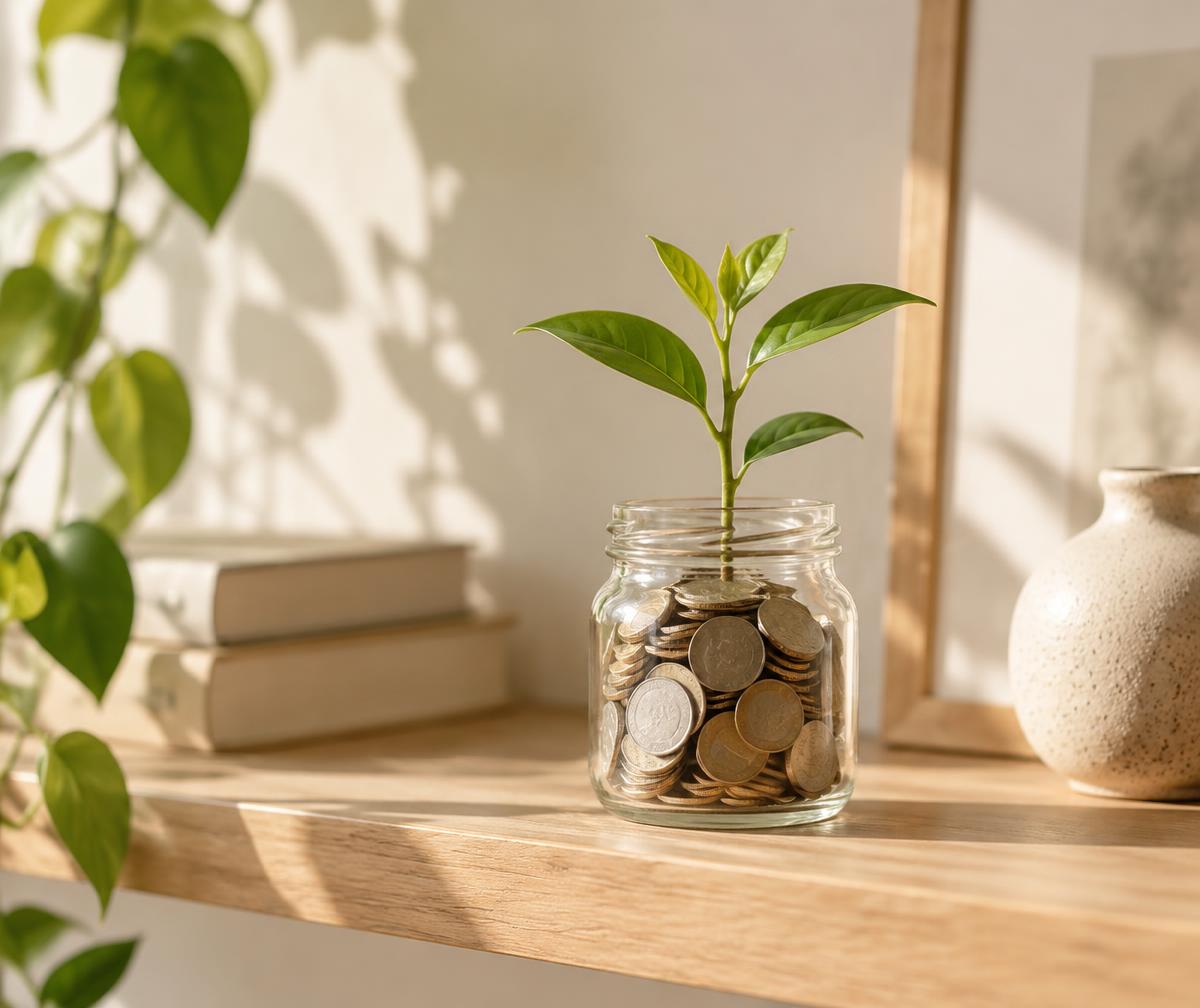 Grön planta som växer ur en glasburk med mynt